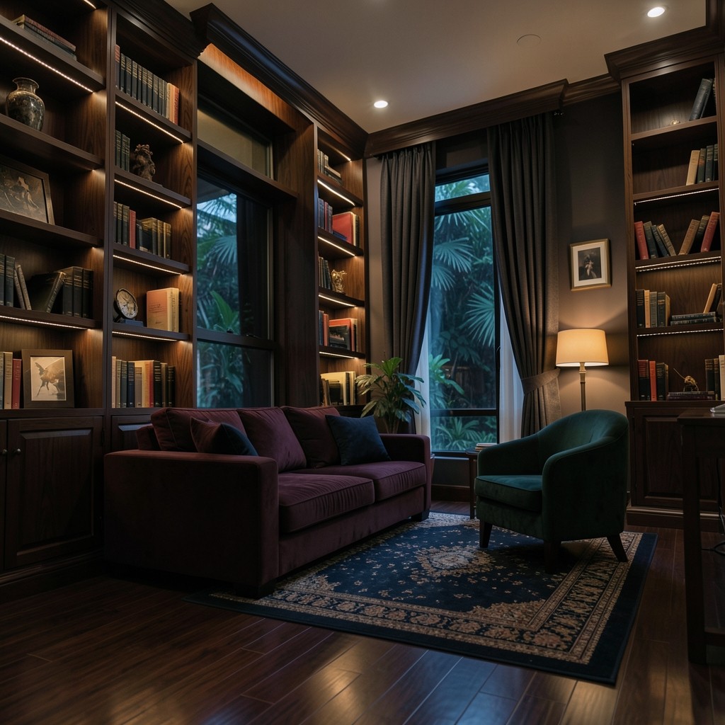 Quiet Nonthaburi study with deep wood shelves and warm evening light