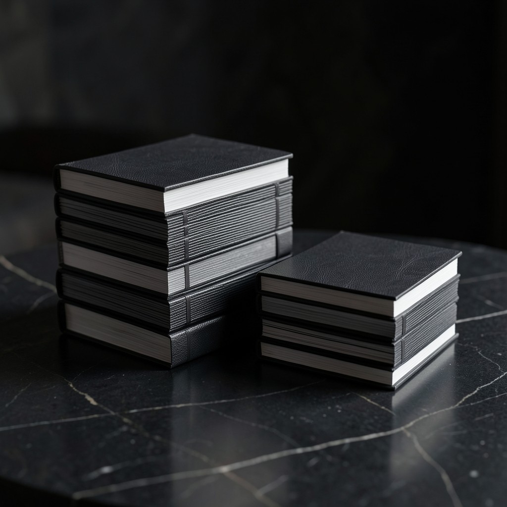 Two neat stacks of documents on a dark stone surface