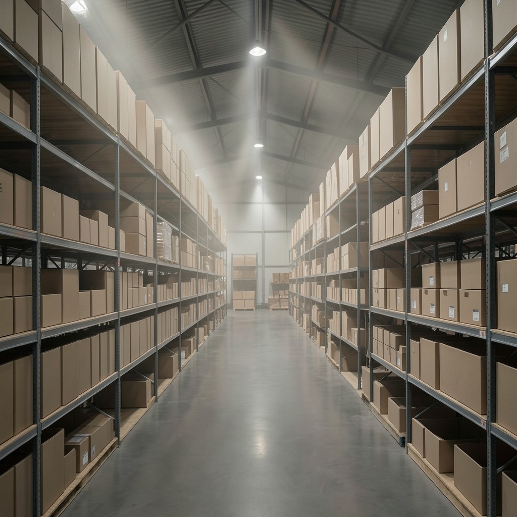 Warehouse shelves with uniform cartons in soft industrial light