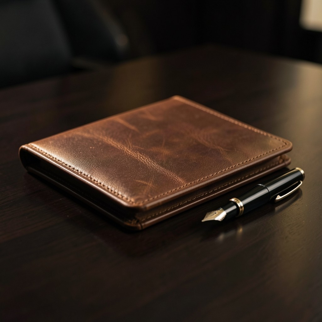 Leather-bound folder and fountain pen on a dark conference table