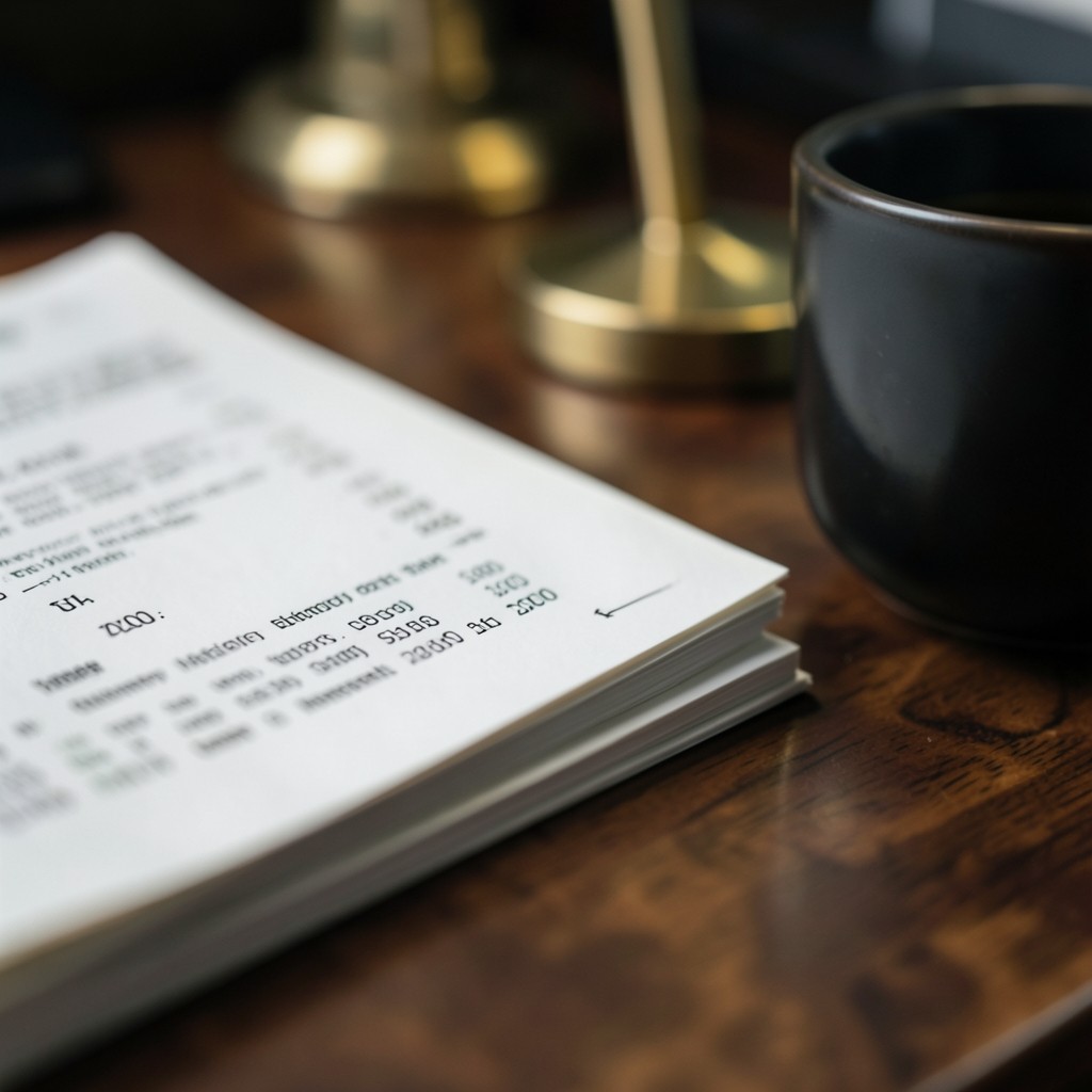 Close framing of annotated price sheets beside a dark ceramic cup