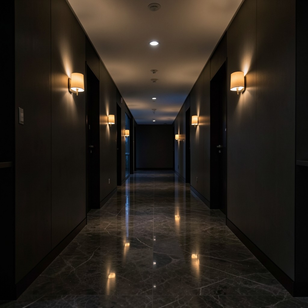 Wide view of a quiet Nonthaburi office corridor with warm evening light