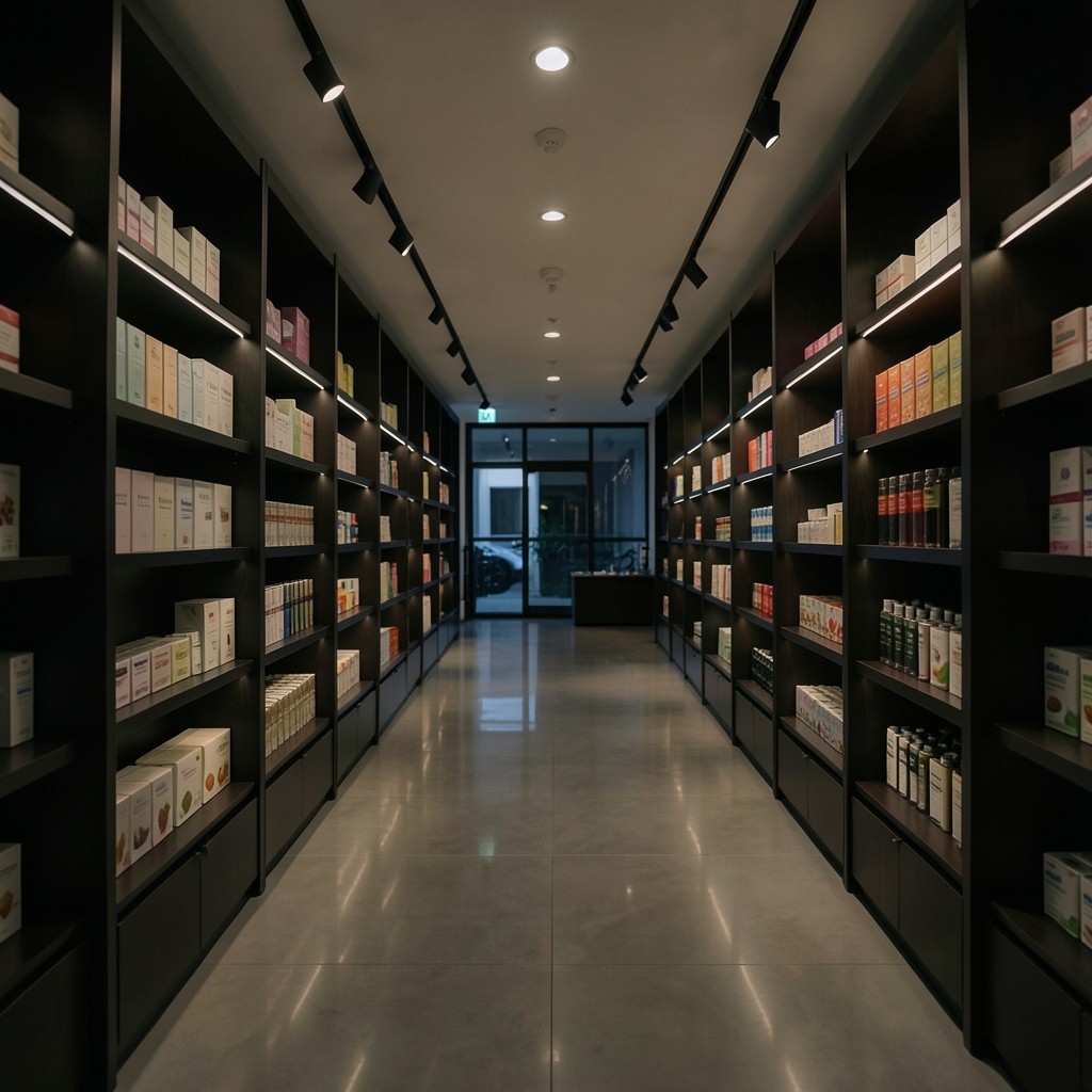 Retail aisle shelves in soft low light with muted product shapes
