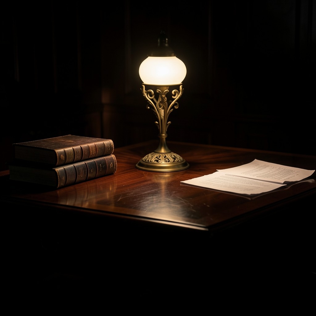 Stacked paper ledgers and a brass lamp on a dark walnut desk