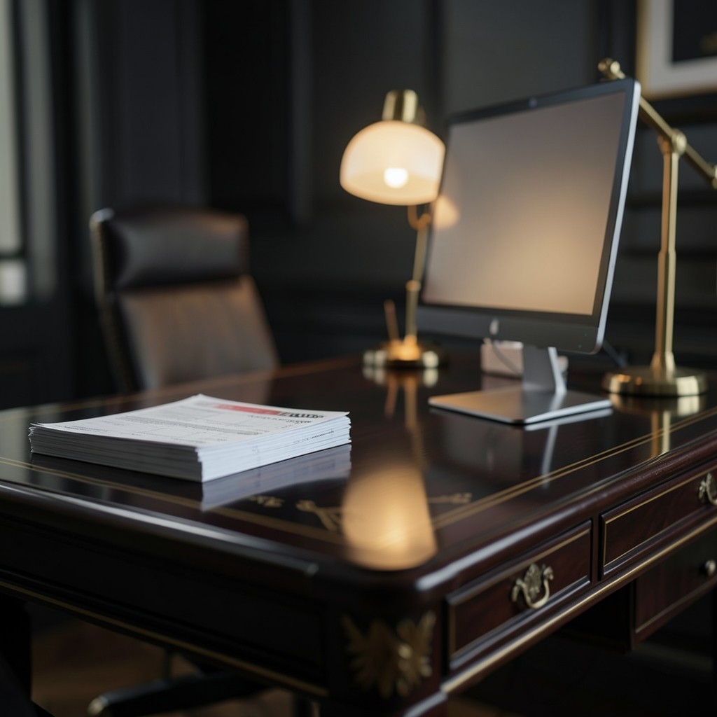 Quiet commercial worktable with printed price sheets and a lit monitor in a dark office