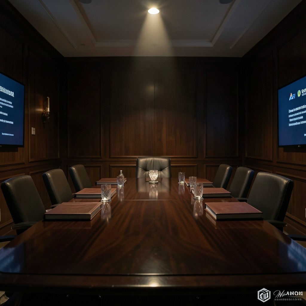 Conference table with notebooks and glassware in a dim executive room